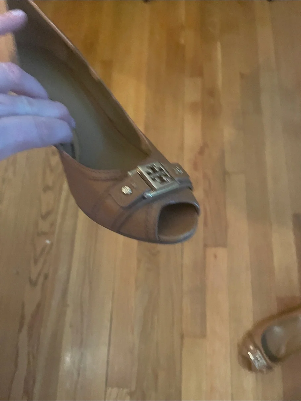 Tory Burch Brown Peep-Toe Leather Heels with Logo Accent 9.5